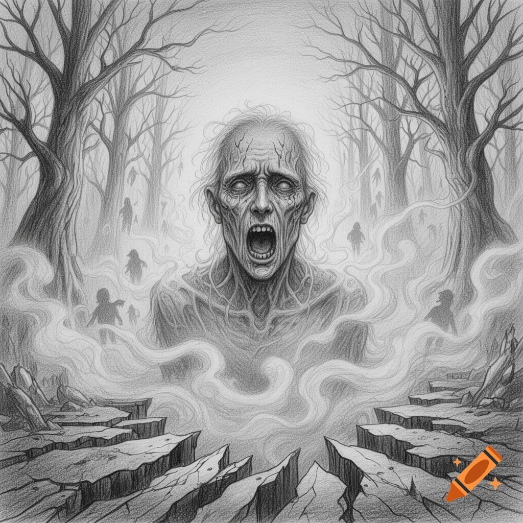 A pencil drawing of a gaunt, screaming face emerging from smoke in a barren forest with ghostly figures and cracked earth.