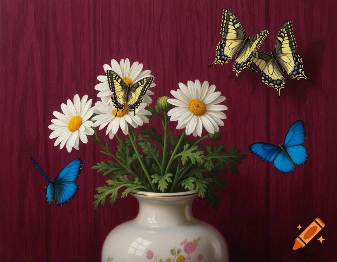 A still life painting of white daisies in a vase, with yellow and blue butterflies against a burgundy wooden background.