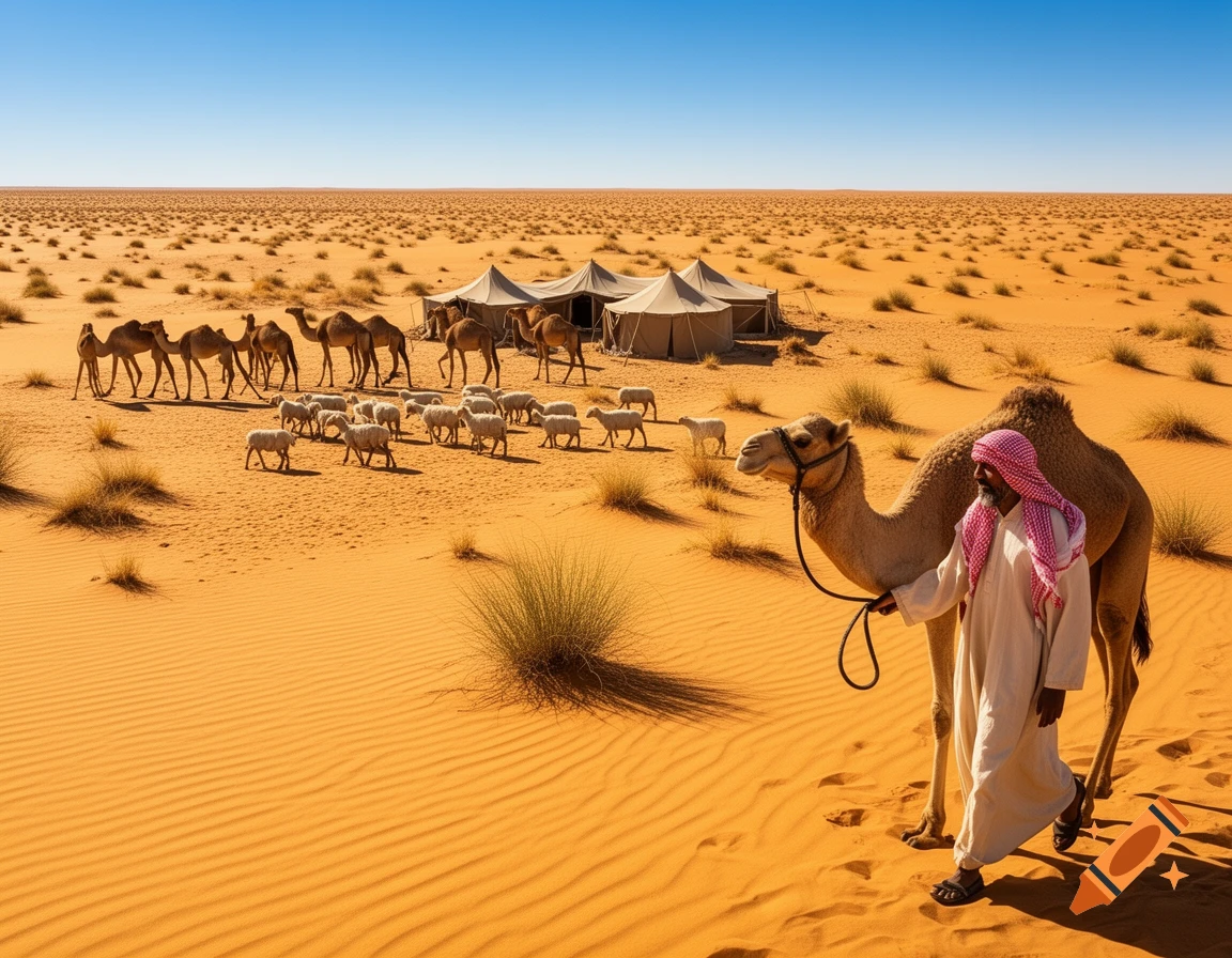 A man in traditional attire leads a camel across a sunny desert, with a herd of camels and sheep, and tents in the distance.