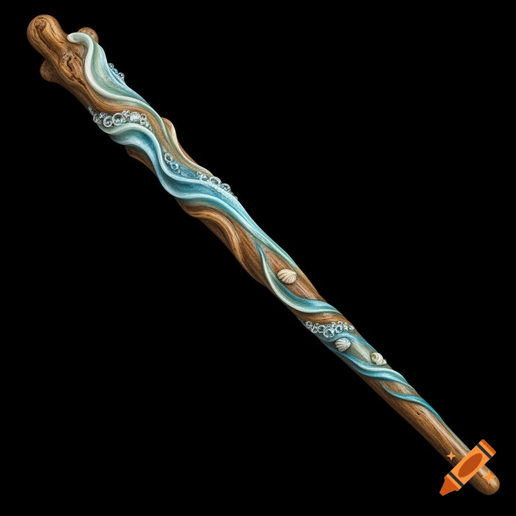 Elegant wooden wand with turquoise and sandy waves, bubbles, and seashells, against a black background.