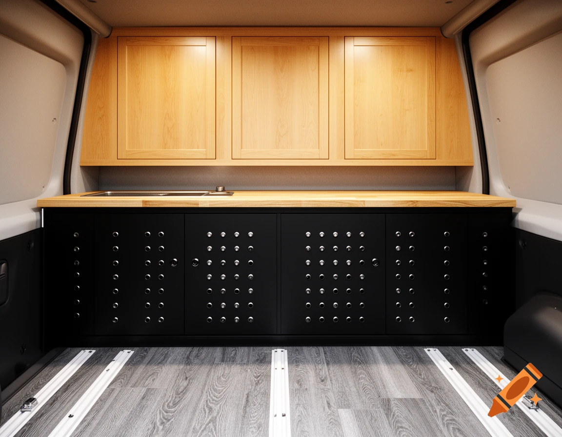 Photorealistic render of a Ford Transit van camper interior with maple wood cabinets, black lower cabinets, a wood countertop, and grey wood-grain floor.