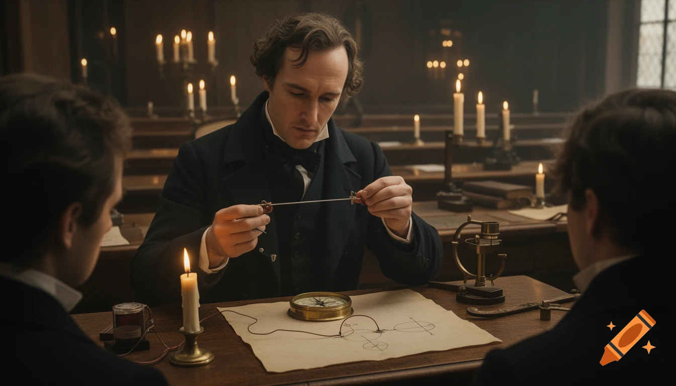 A man resembling Hans Christian Ørsted conducts an experiment with a wire, compass, and diagram on a candlelit desk in an 1820s lecture hall.