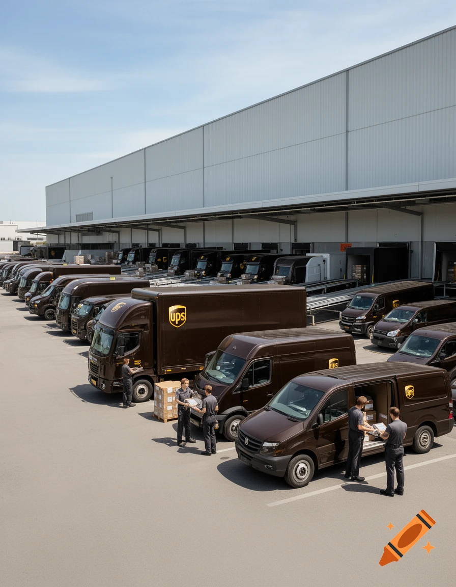 Brown UPS delivery trucks and vans parked at a large logistics warehouse, workers loading packages.