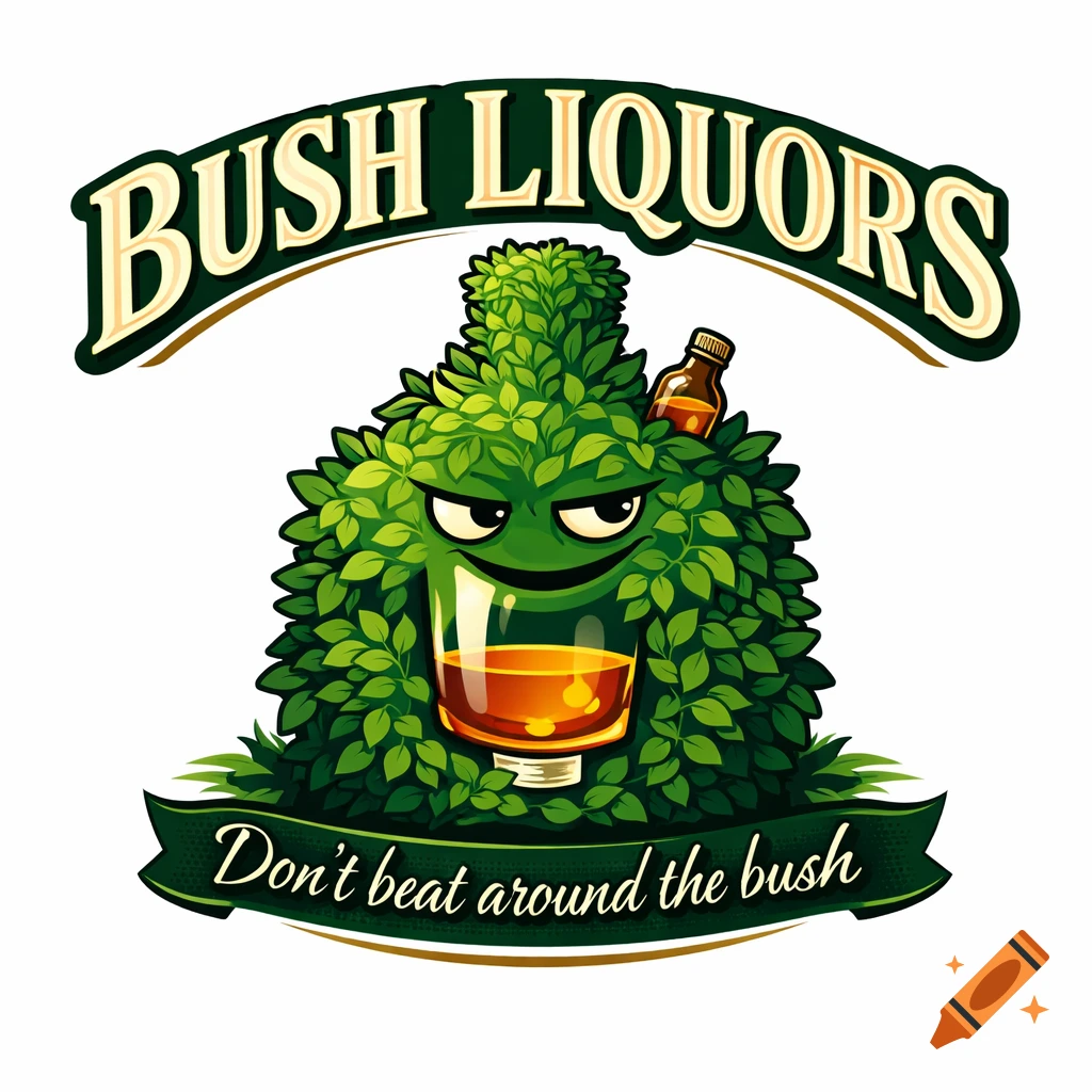 A funny logo of a green bush shaped character with a cheeky face holding a whiskey glass. Text reads 'BUSH LIQUORS Don beat around the bush'.