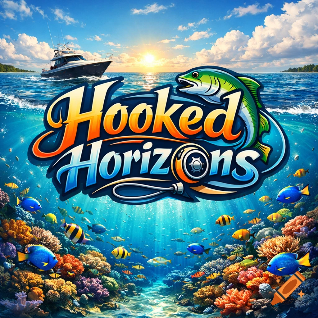 Stylized 'Hooked Horizens' fishing game logo with a boat on the ocean and a colorful coral reef teeming with fish underwater.