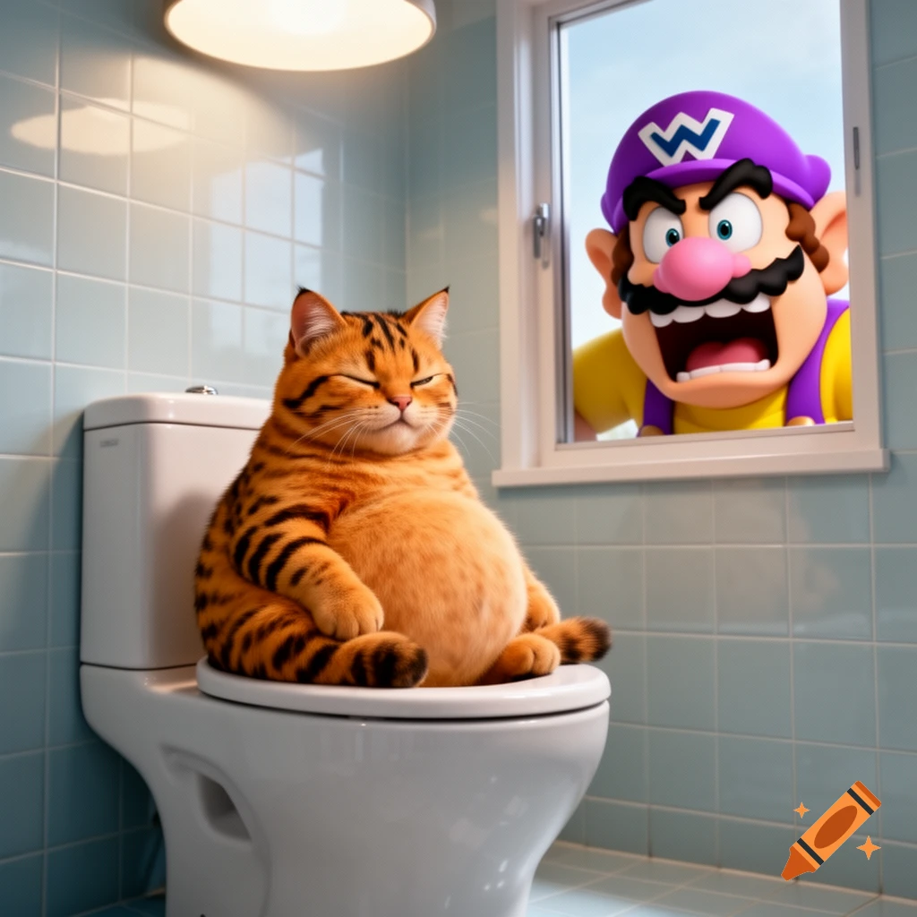 A portly orange tabby cat sits on a toilet in a bathroom, while Wario, with a surprised expression, peers through the window.