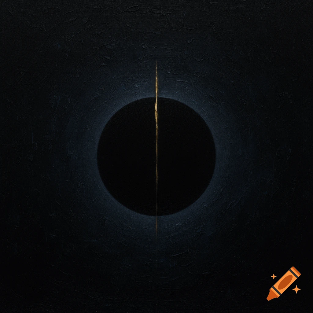 An abstract, dark oil painting featuring a perfect black circle with a thin golden line down its center, on a textured background.