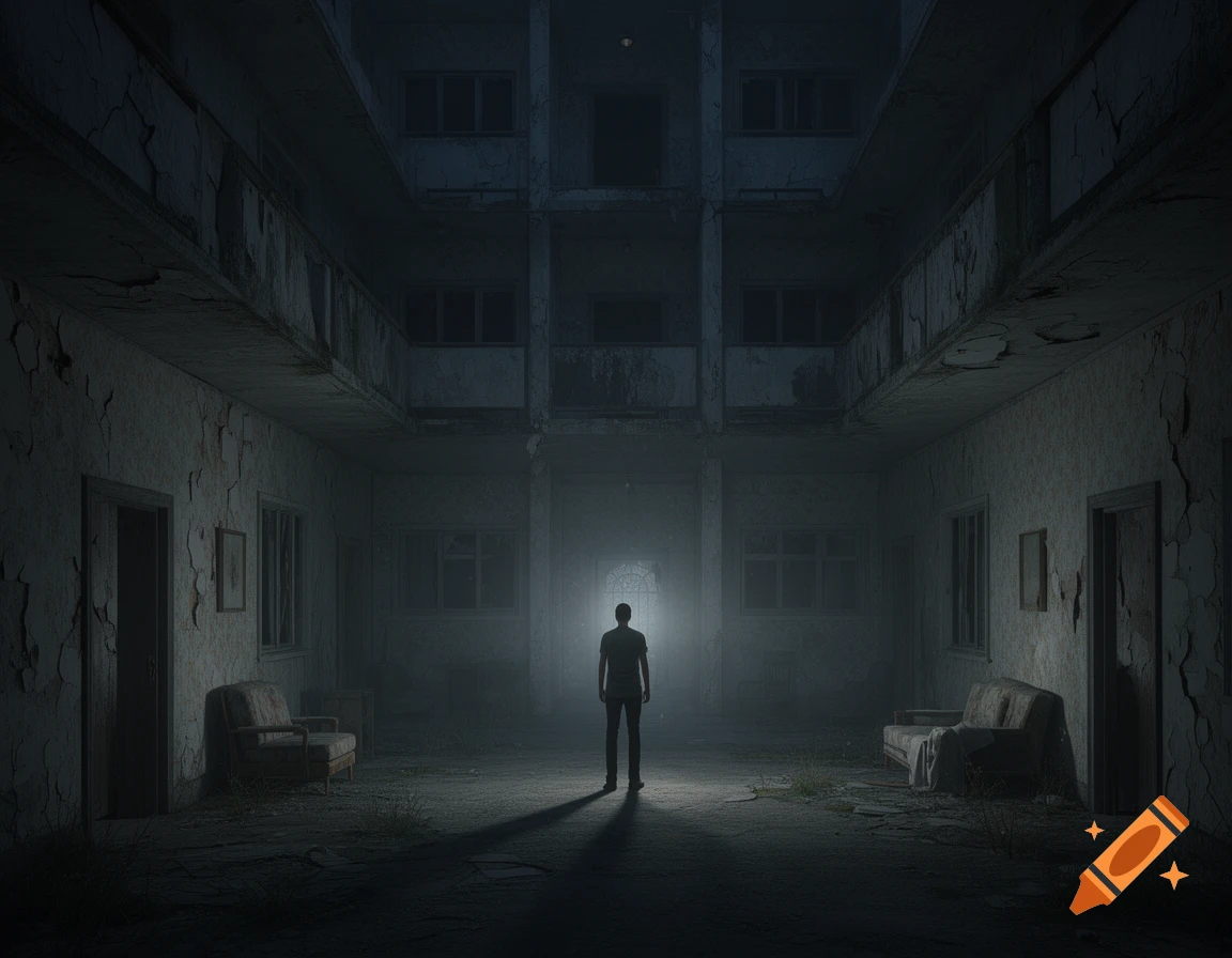 A lone person stands in the dark, abandoned courtyard of an apartment complex, illuminated by a mysterious light.