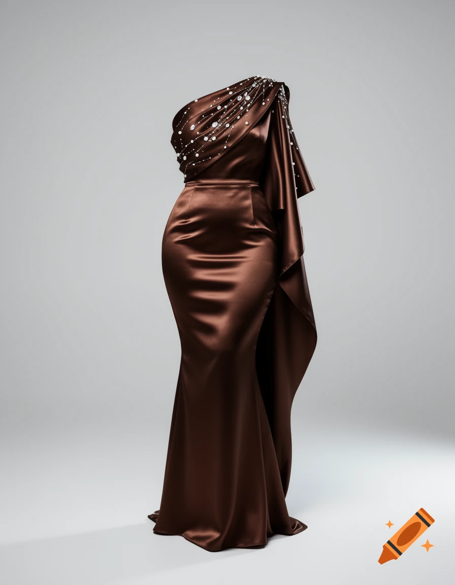 Luxurious chocolate brown satin one-shoulder gown with pearl embellishments and an asymmetrical drape on a headless mannequin.