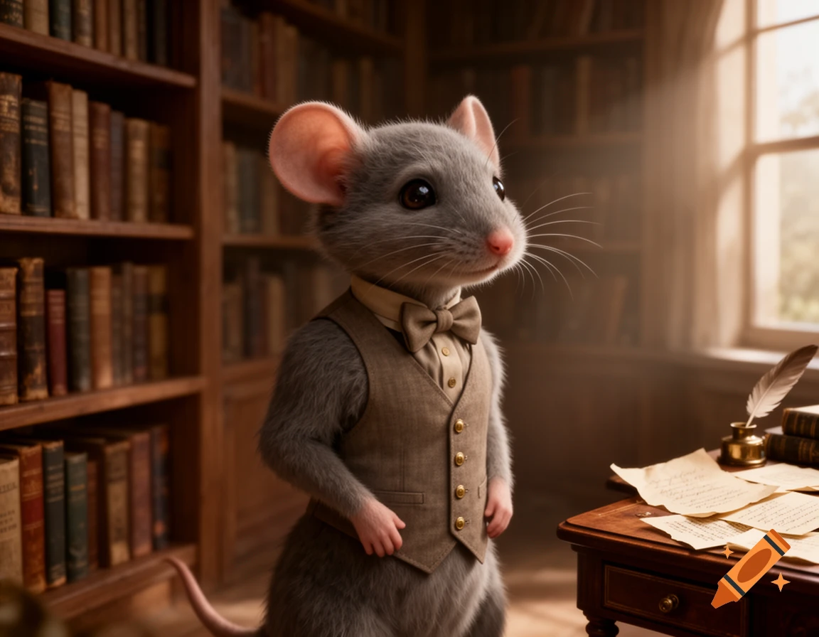 A gentle anthropomorphic mouse in a waistcoat and bow tie stands in a grand, dimly lit library, next to a desk with papers and a quill.