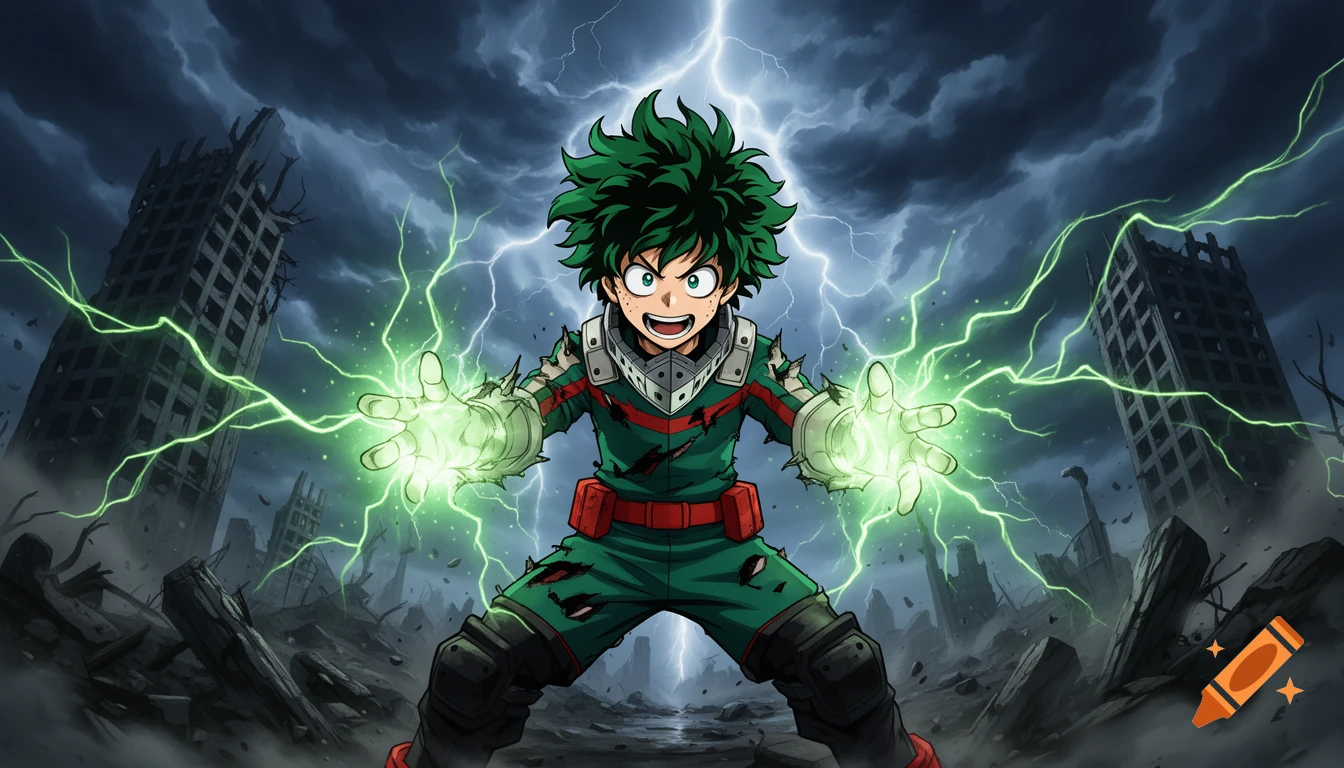 Anime depiction of Deku from My Hero Academia, generating green lightning in a dynamic pose amidst a stormy, ruined city.
