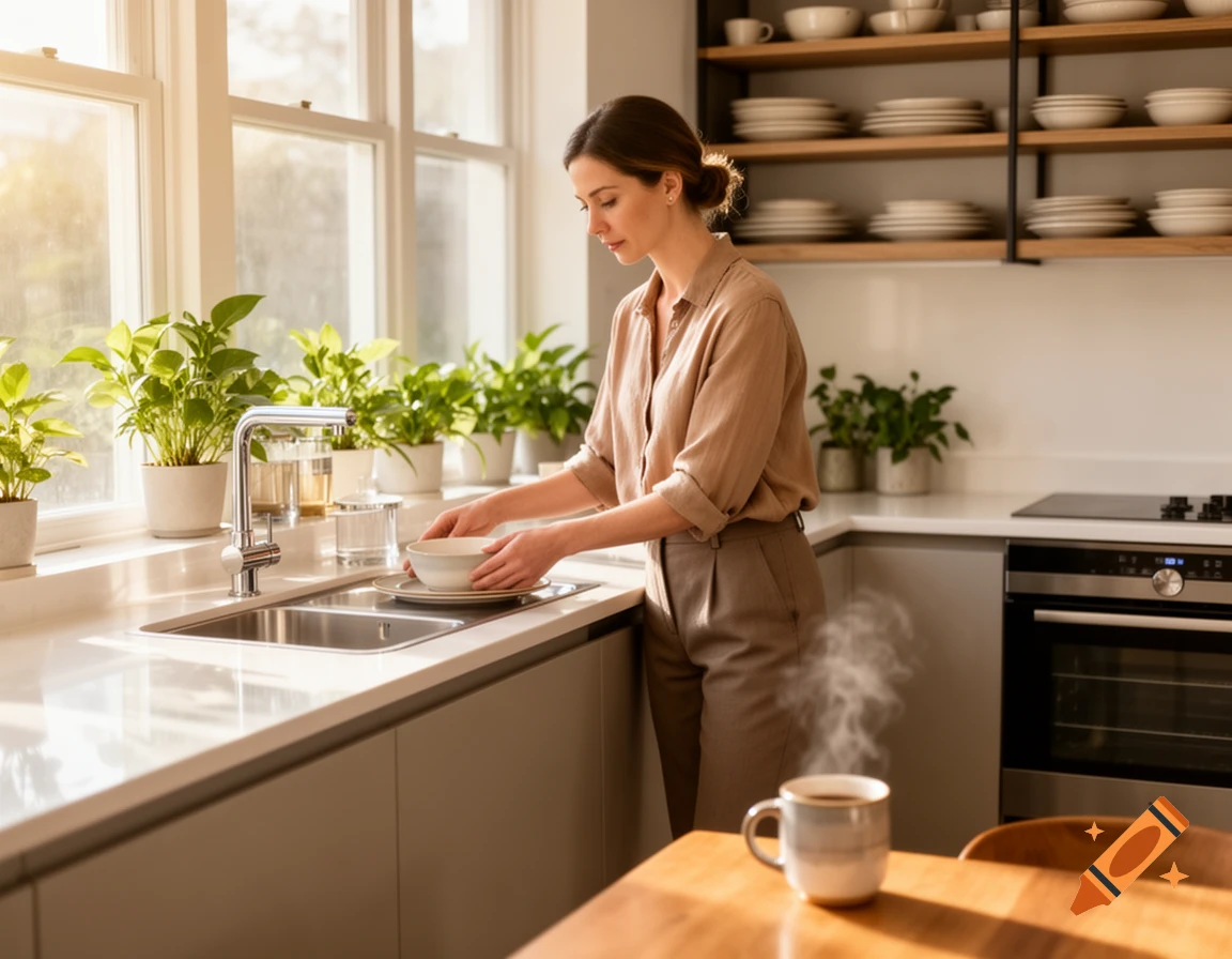 A woman washes dishes in a bright, modern kitchen with many plants on the windowsill and a steaming mug on a wooden table.