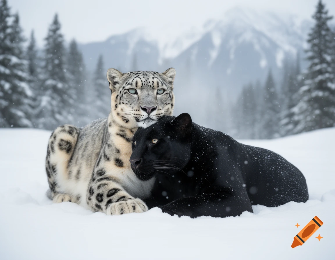 A snow leopard and a black panther snuggling together in a snowy mountain landscape.