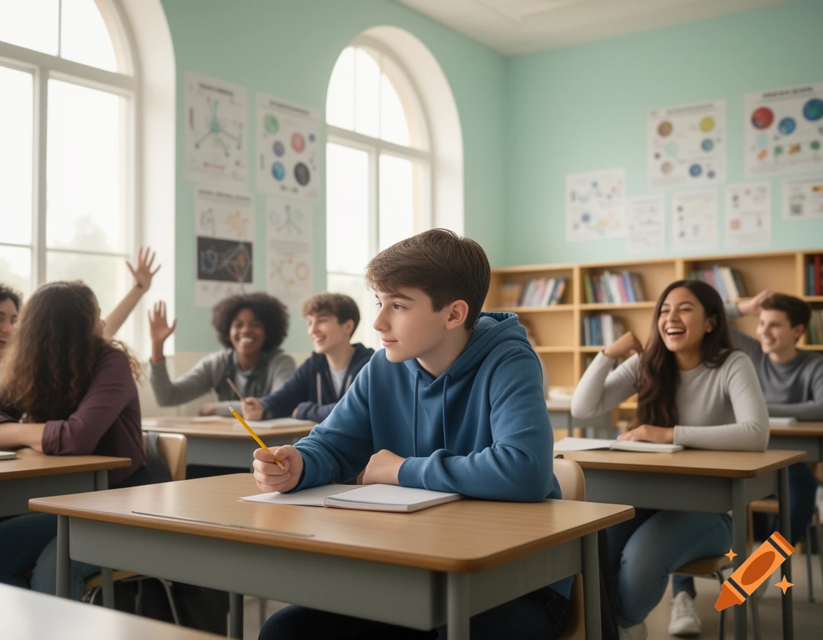 High school students in a bright classroom. A boy in a blue hoodie writes at his desk while others laugh and raise hands.