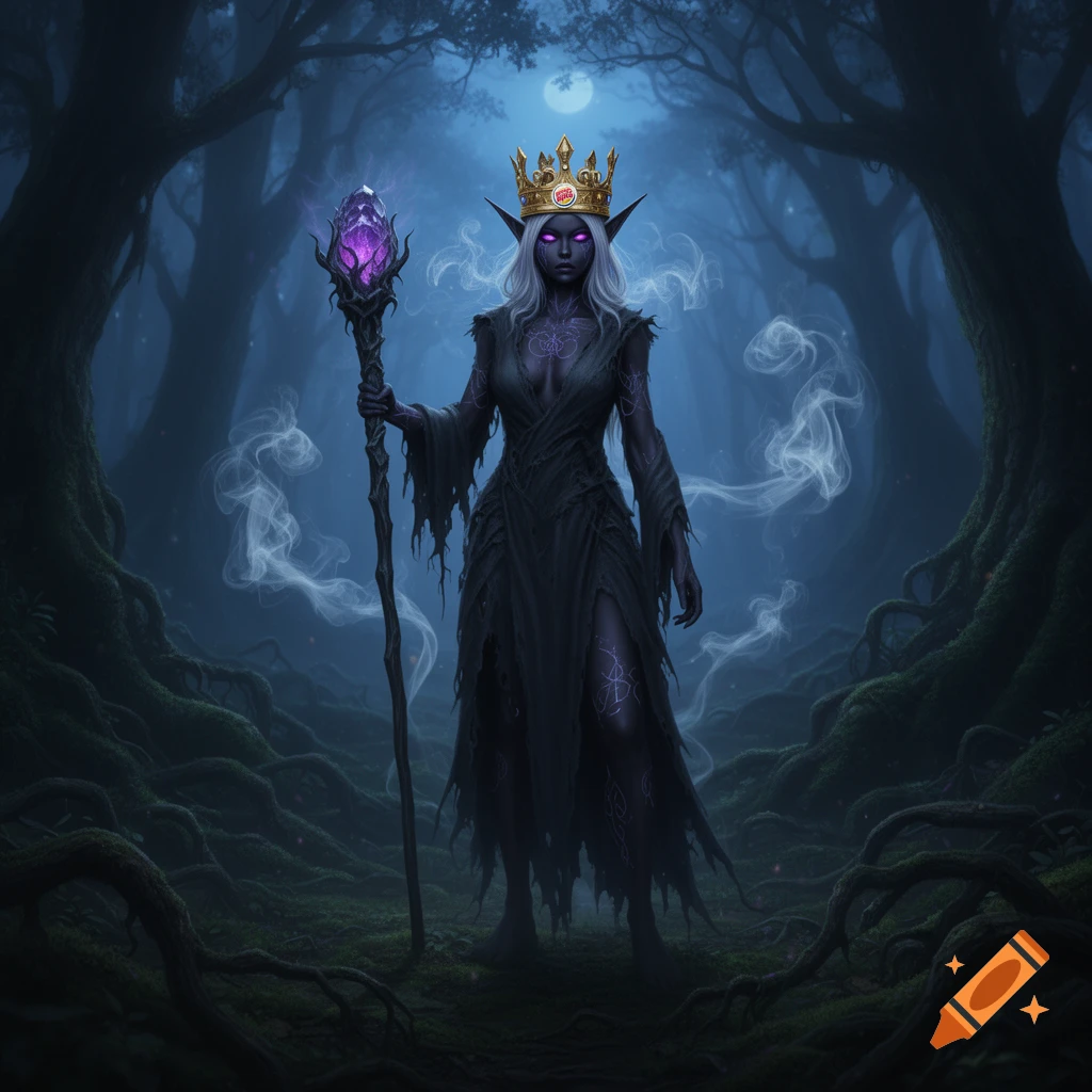 A dark elf necromancer with glowing purple eyes and a Burger King crown ...
