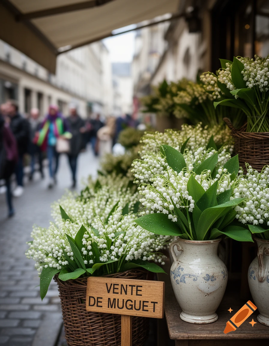 A close-up of a flower stall on a bustling city street, featuring baskets and vases overflowing with white lily of the valley flowers. A wooden sign reads "VENTE DE MUGUET" (Lily of the Valley Sale).