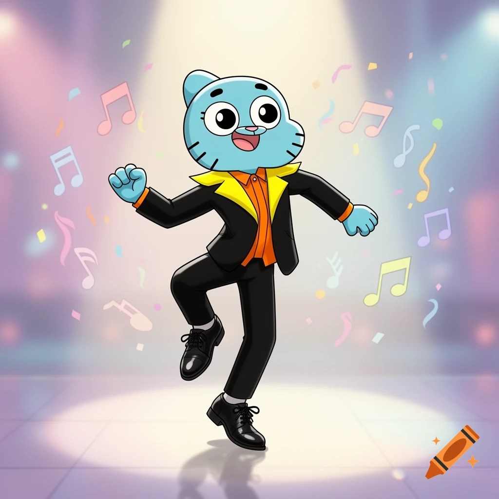 Gumball Watterson from TAWOG dancing on a stage in a black suit with a yellow collar and orange shirt, surrounded by colorful musical notes.