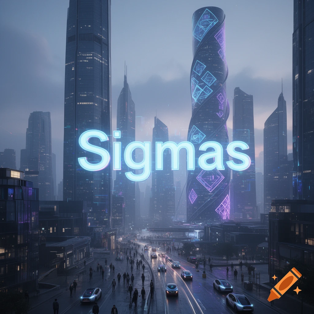 A futuristic cityscape at night with tall skyscrapers, glowing vehicles, pedestrians, and large glowing text 'Sigmas' in the sky.