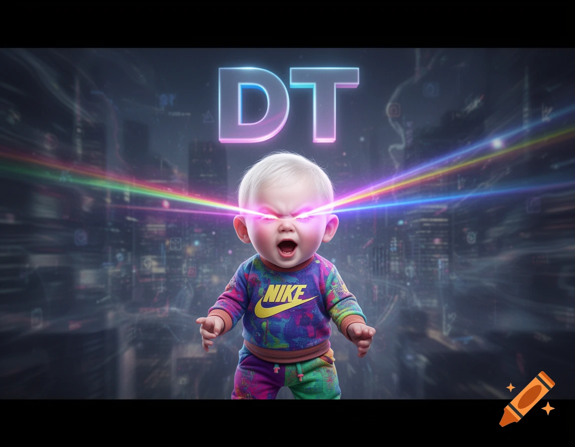A powerful baby with glowing laser eyes, wearing a colorful Nike outfit, stands in a futuristic city with 'DT' above.