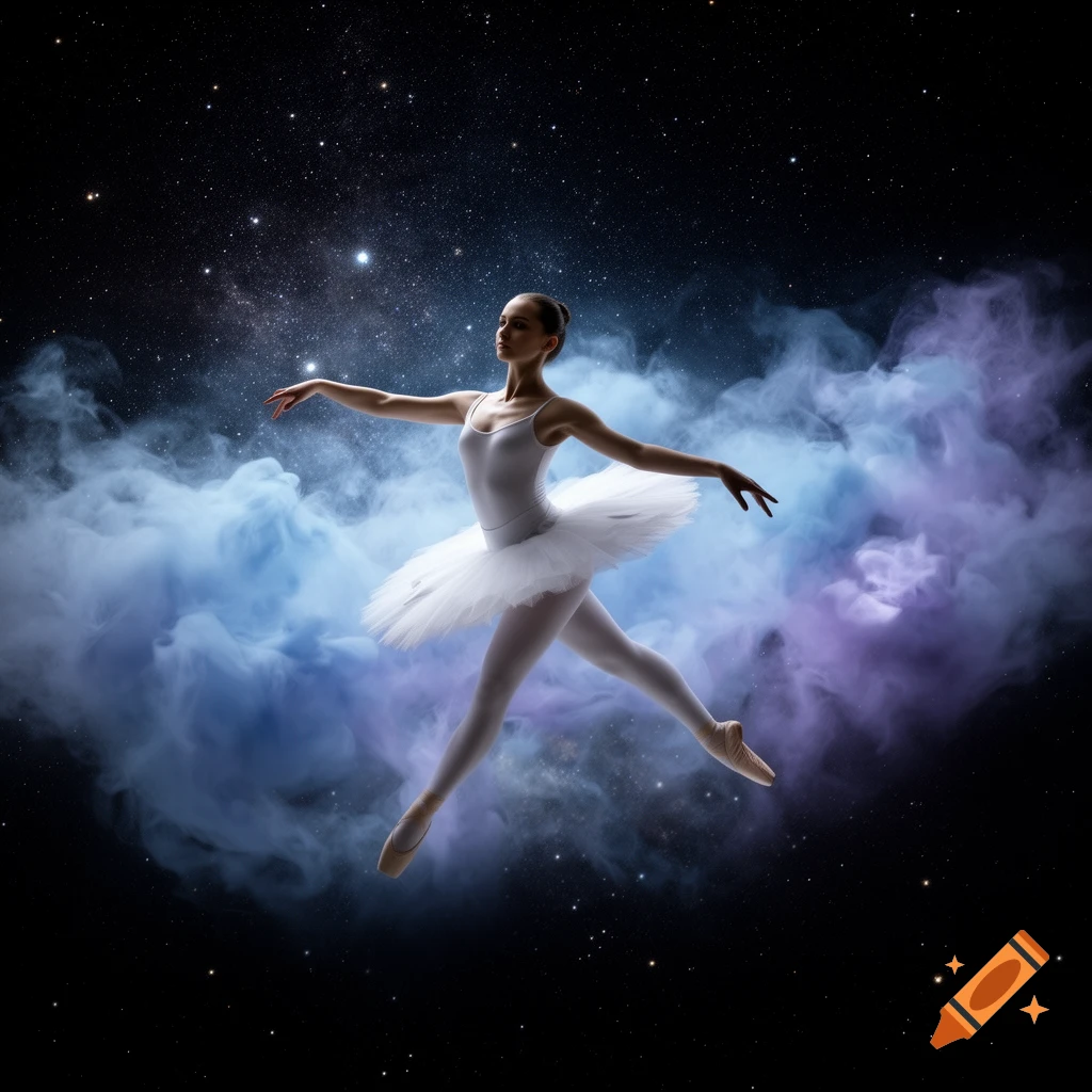 A graceful ballerina leaps among blue and purple smoke-like clouds in a starry cosmos.