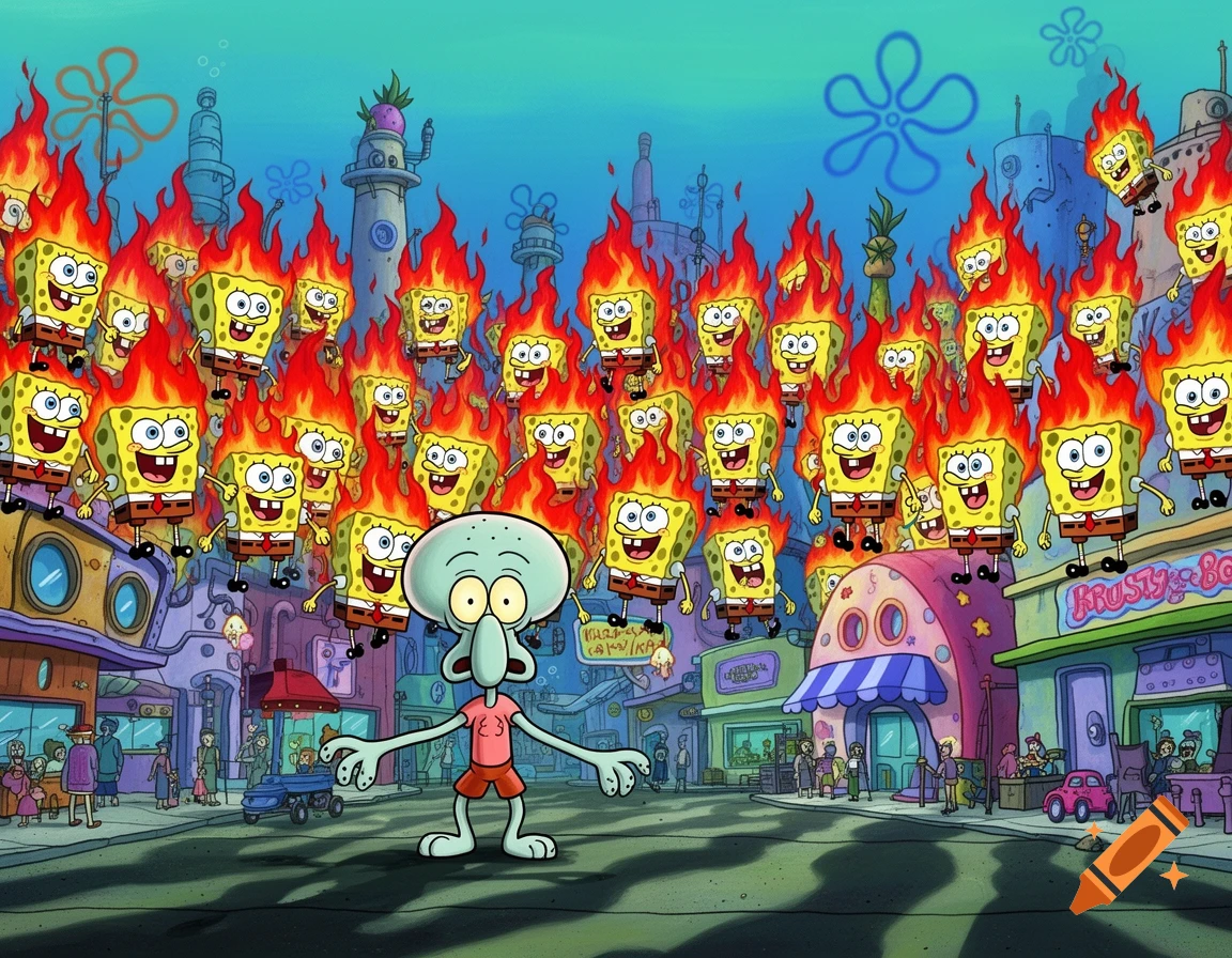 Squidward stands with a panicked expression in the middle of Bikini Bottom, surrounded by dozens of grinning Spongebobs, all engulfed in flames.
