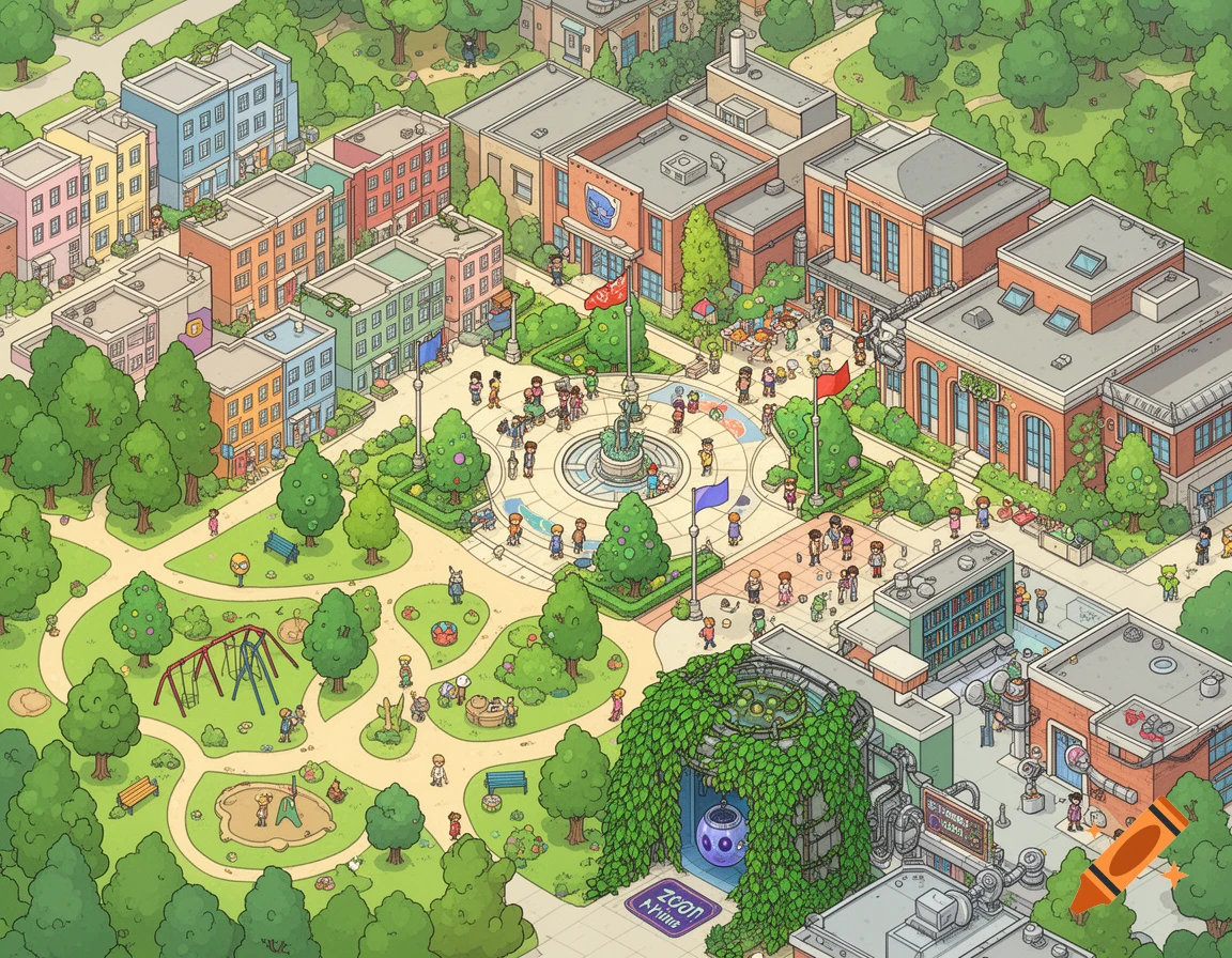 Cartoon campus map of ZotTown with buildings, park, plaza, and secret alien lab in isometric view.