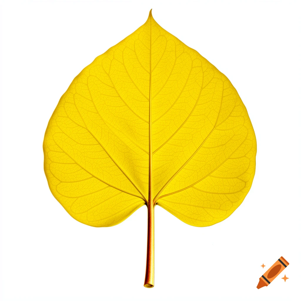 A vibrant yellow leaf, heart-shaped with detailed veins and a stem, centered on a pure white background.