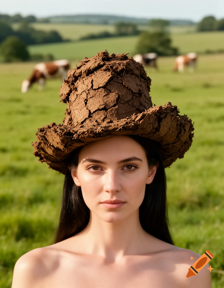 A young woman wearing a bizarre hat made of dried manure, standing in a green field with cows in the background.