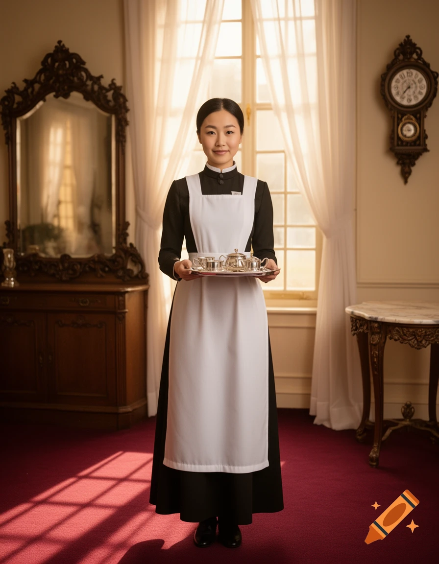 A smiling maid in a black uniform and white apron holds a silver tea tray in an elegant room.