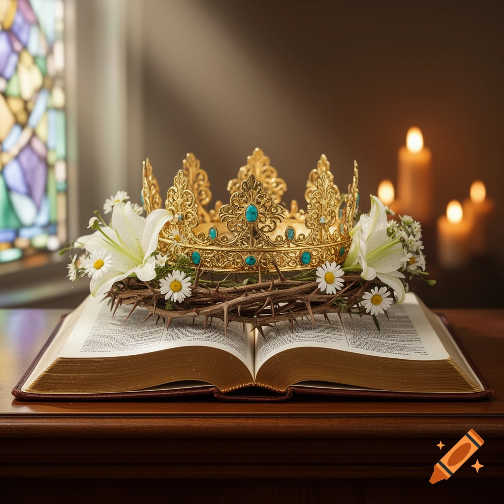 A gold crown and a crown of thorns with white flowers rest on an open Bible, lit by candles and stained glass in the background. Photorealistic.