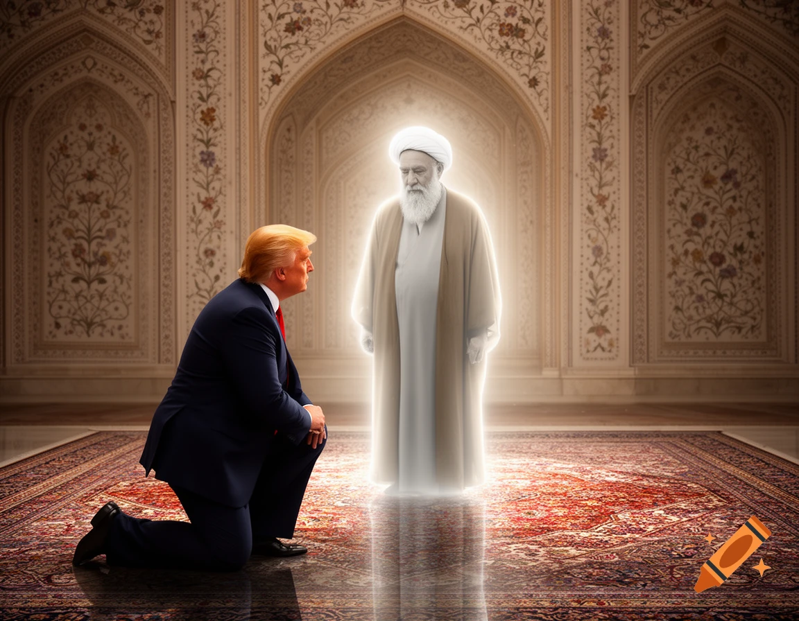 Donald Trump kneels on a patterned rug before a glowing, robed figure resembling Ayatollah Khomeini in an ornate, mosque-like chamber.