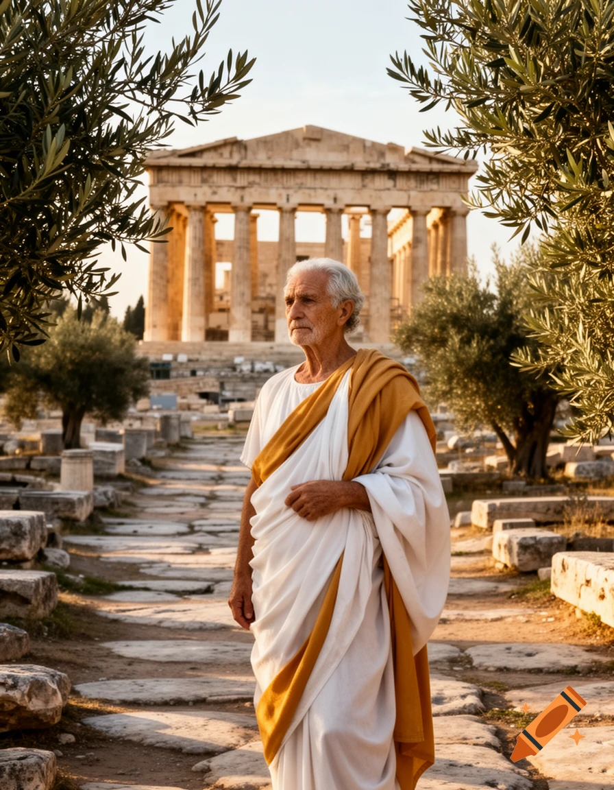 Elderly statesman in white toga and gold sash walks on a stone path before ancient Greek ruins, framed by olive trees.