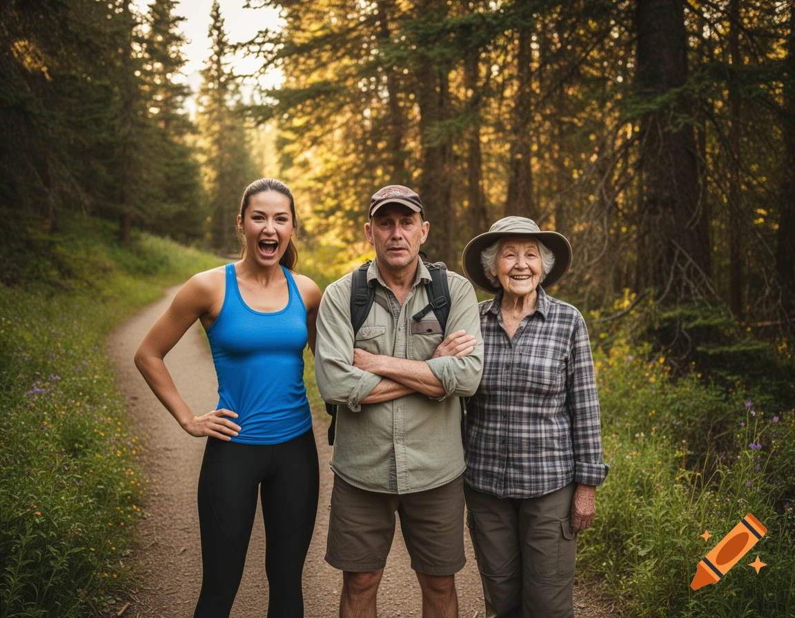 Three people, an athletic young woman, a middle-aged man, and an elderly woman, pose on a dirt path in a sunny forest.