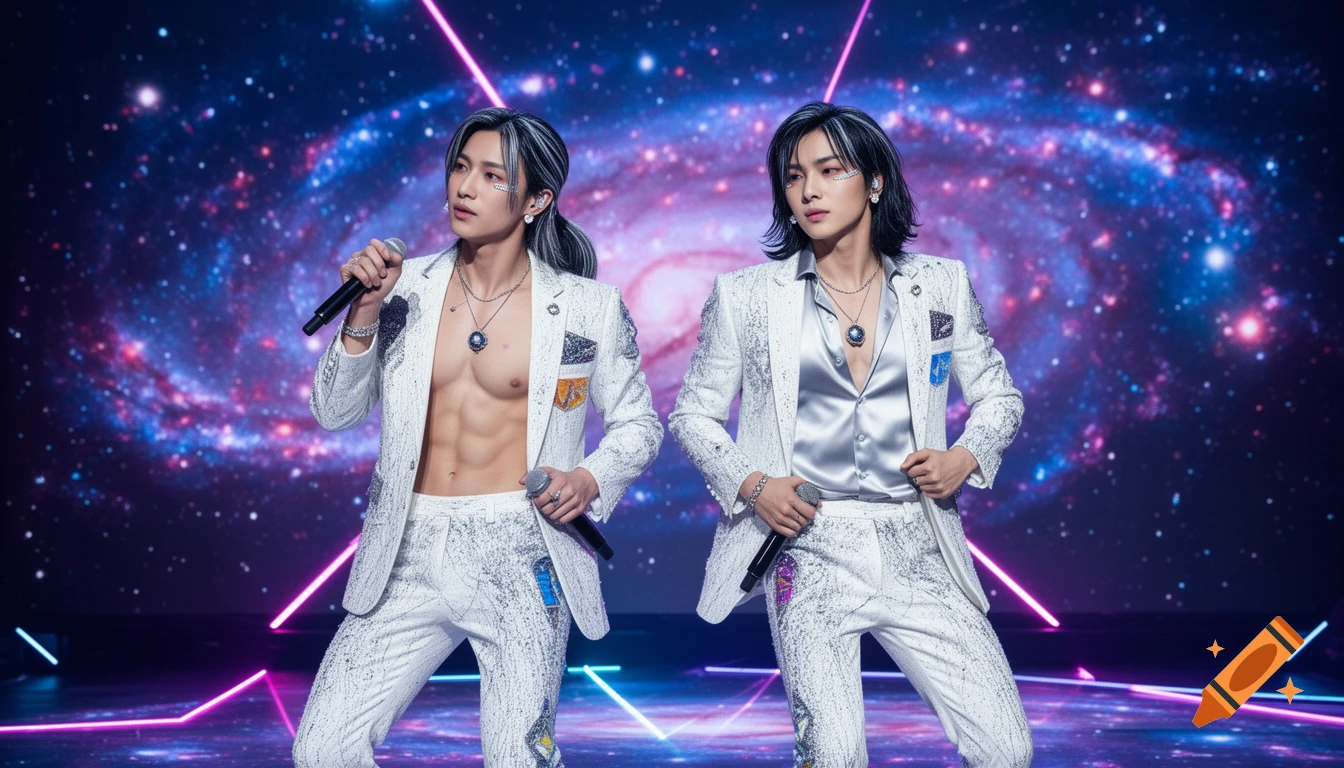 Two Korean men in glittery white suits sing into microphones on a stage with a vibrant galaxy and neon light backdrop.