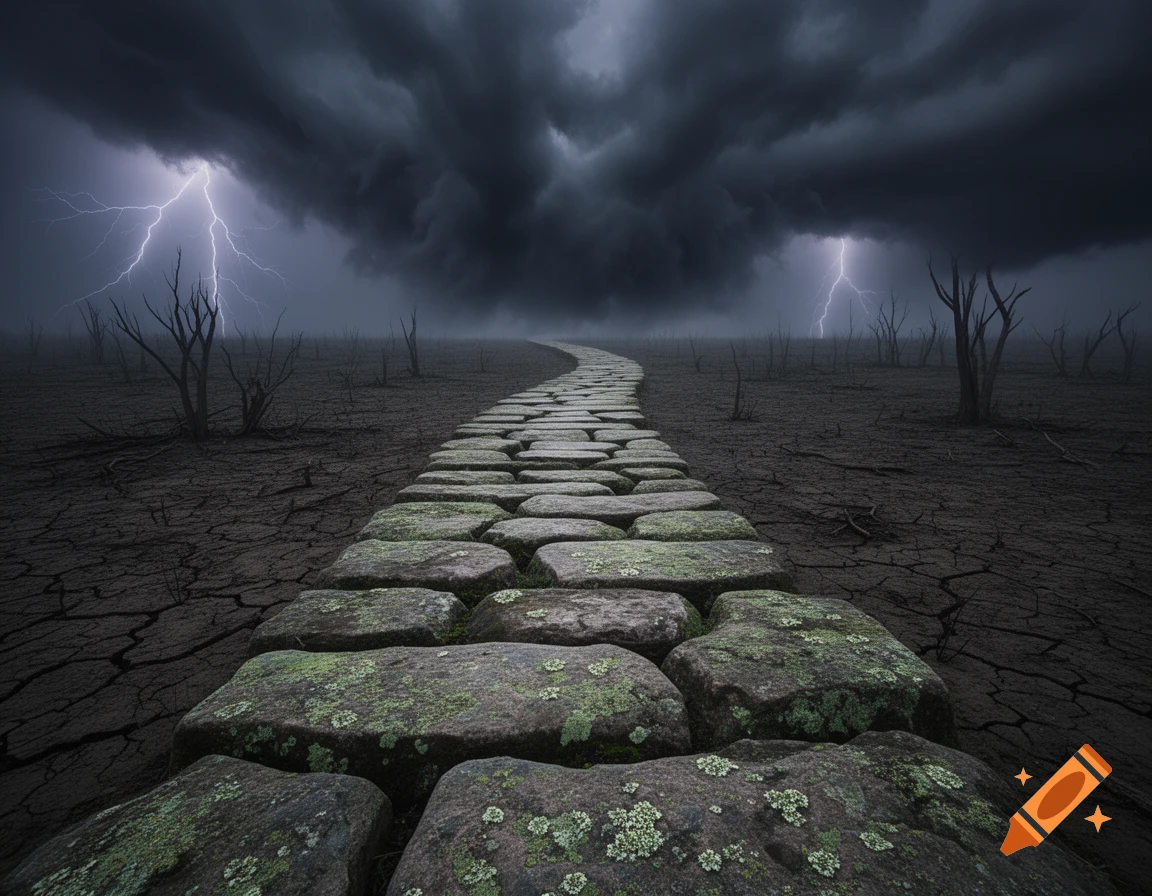 A cobblestone path winds through a desolate, cracked land under a dark, stormy sky with lightning.