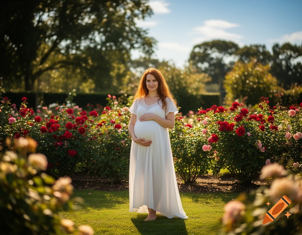 Photorealistic portrait of a pregnant woman with long red hair wearing a white dress, standing in a sunny rose garden.