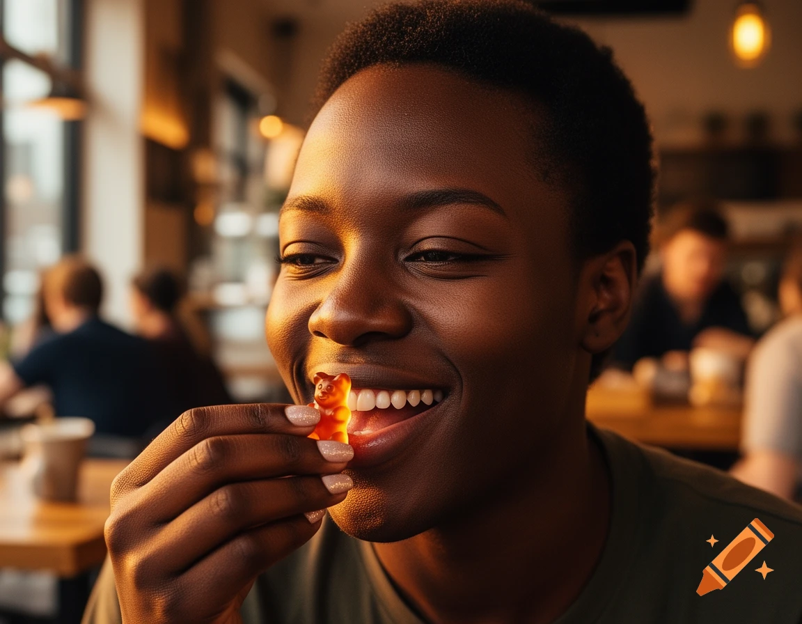 A smiling person in a cafe bites into an orange gummy bear, close-up, photorealistic.