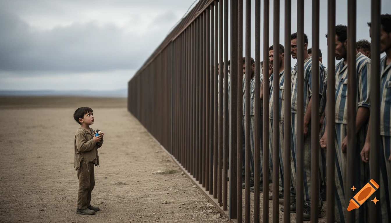 A somber boy holds a toy, looking up at men in striped uniforms behind a tall fence in a desolate landscape.