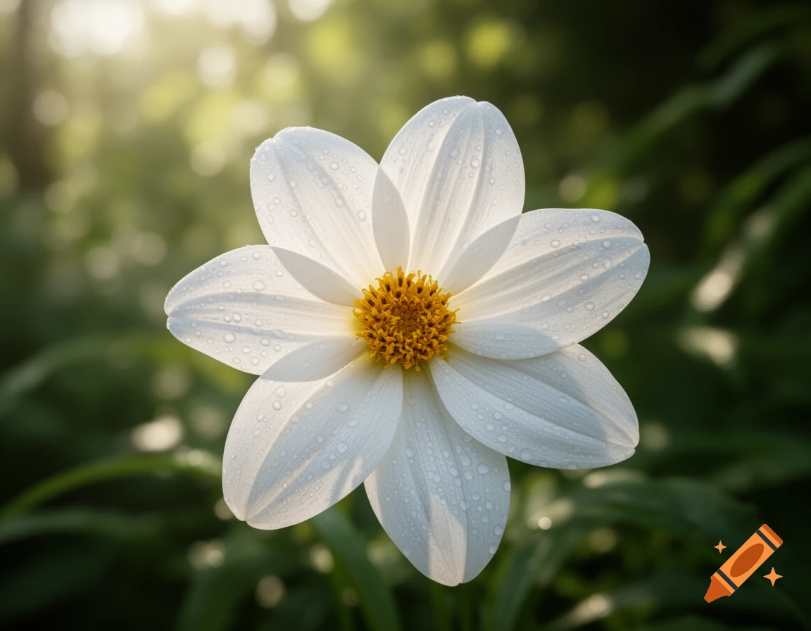 A white flower with a yellow center, covered in dew drops, blooming under sunlight against a blurred green background.