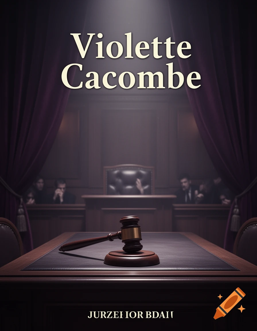 A dark, dramatic courtroom scene with a wooden gavel on a leather-topped table. The words "Violette Cacombre" float above the scene, as if a book title.