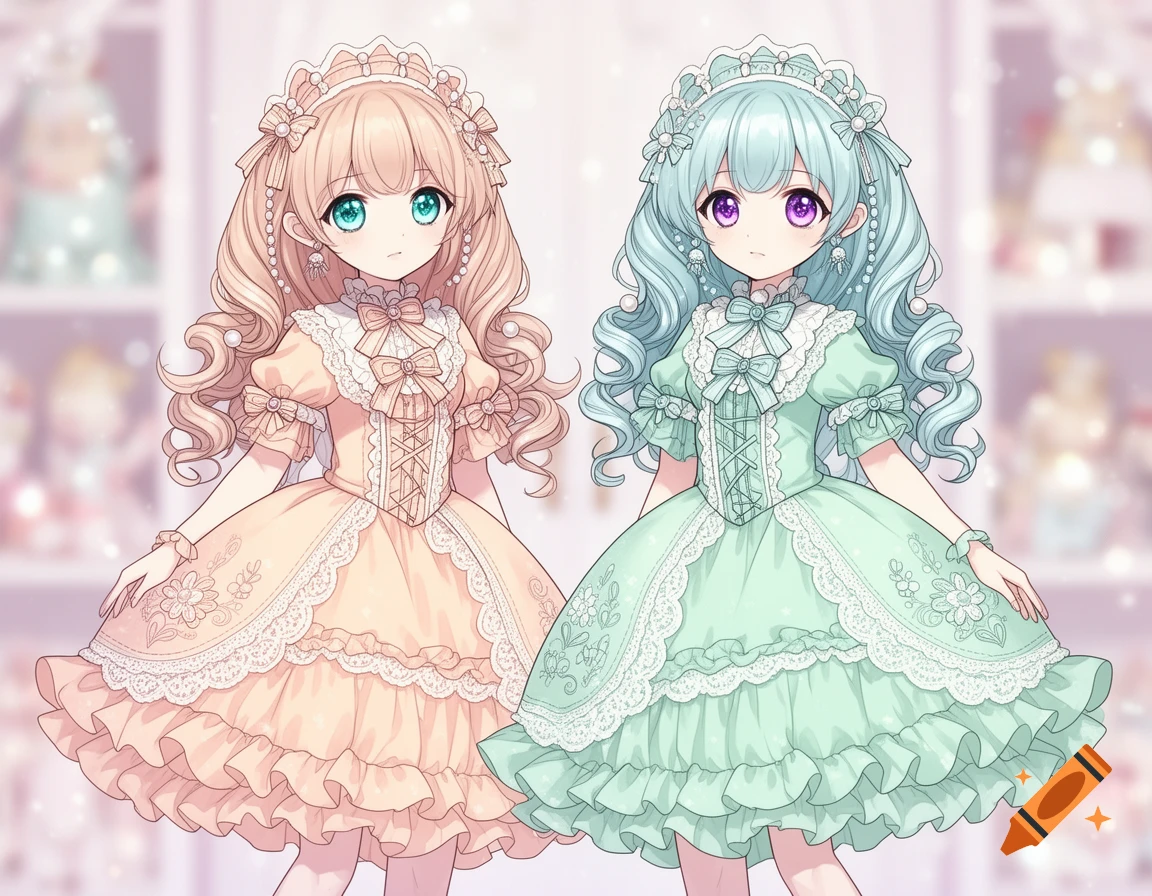 Two anime dolls with long curly hair, one in a peach lolita dress and the other in a mint green lolita dress.