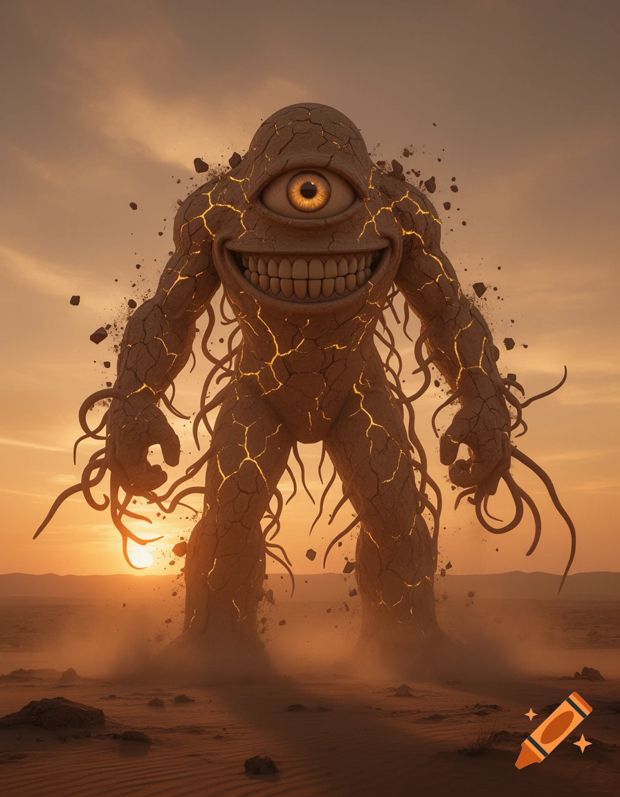 A towering cyclops-like monster made of cracked earth with glowing golden fissures, a single eye, and a wide unsettling grin, stands in a desert at sunset.