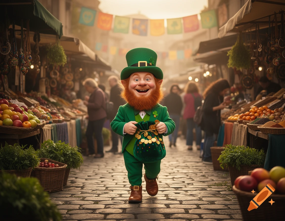 A cheerful leprechaun in a green suit and top hat walks through a bustling market, holding a bag of gold coins.