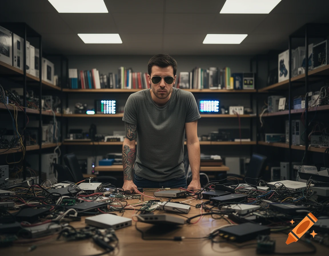 A man in aviator glasses and a tattooed arm leans over a table filled with electronic devices and tangled wires in a dark room.