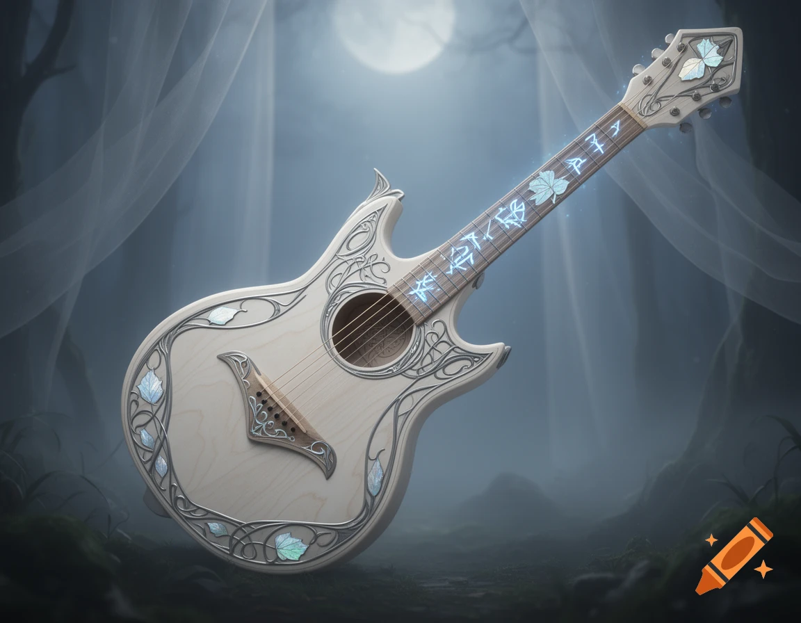 Elegant elven guitar with white birch, silver filigree, mother-of-pearl, and glowing blue runes in an ethereal forest under a full moon.