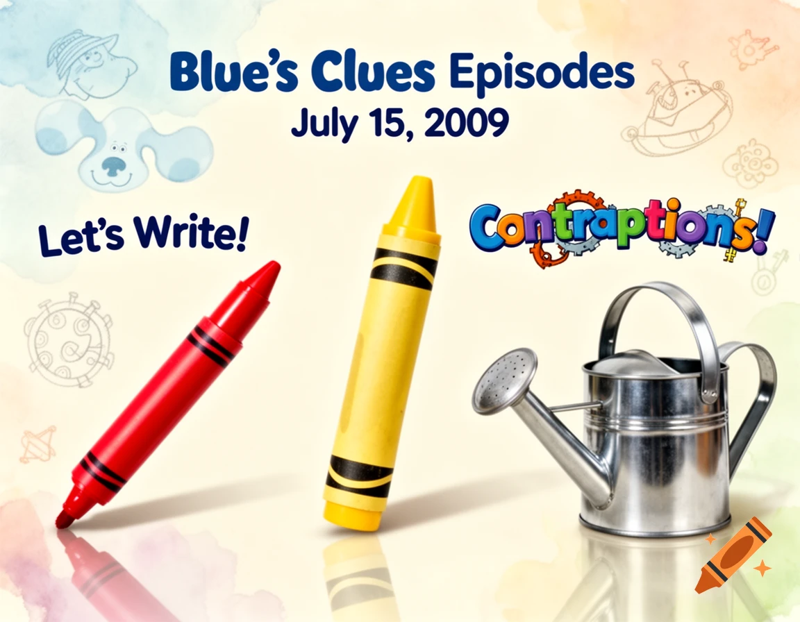 Red marker, yellow crayon, and silver watering can with "Blue's Clues Episodes July 15, 2009 Let's Write! Contraptions!" text on a light background.
