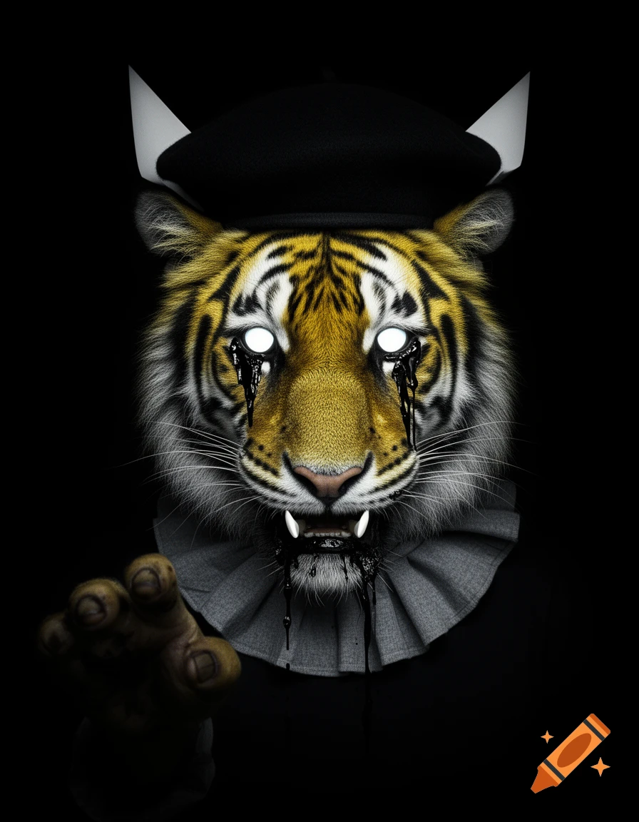 A creepy anthropomorphic tiger in a black beret and ruffled collar, with glowing white eyes and black liquid dripping from its eyes and mouth, reaching out with a hand from a dark background.