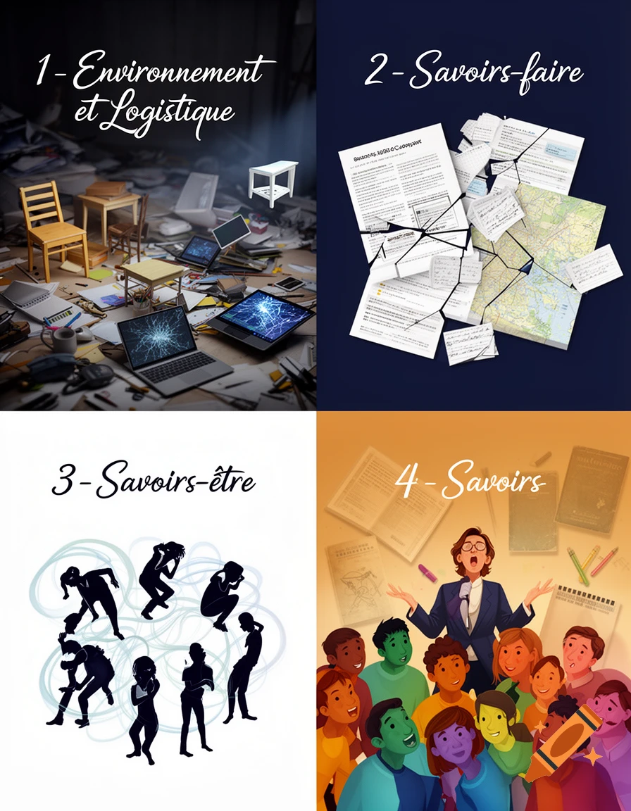 A four-panel graphic. Top left: a messy desk with office items. Top right: shattered documents and maps. Bottom left: silhouettes of people in various poses. Bottom right: a teacher speaking to a diverse group of students.