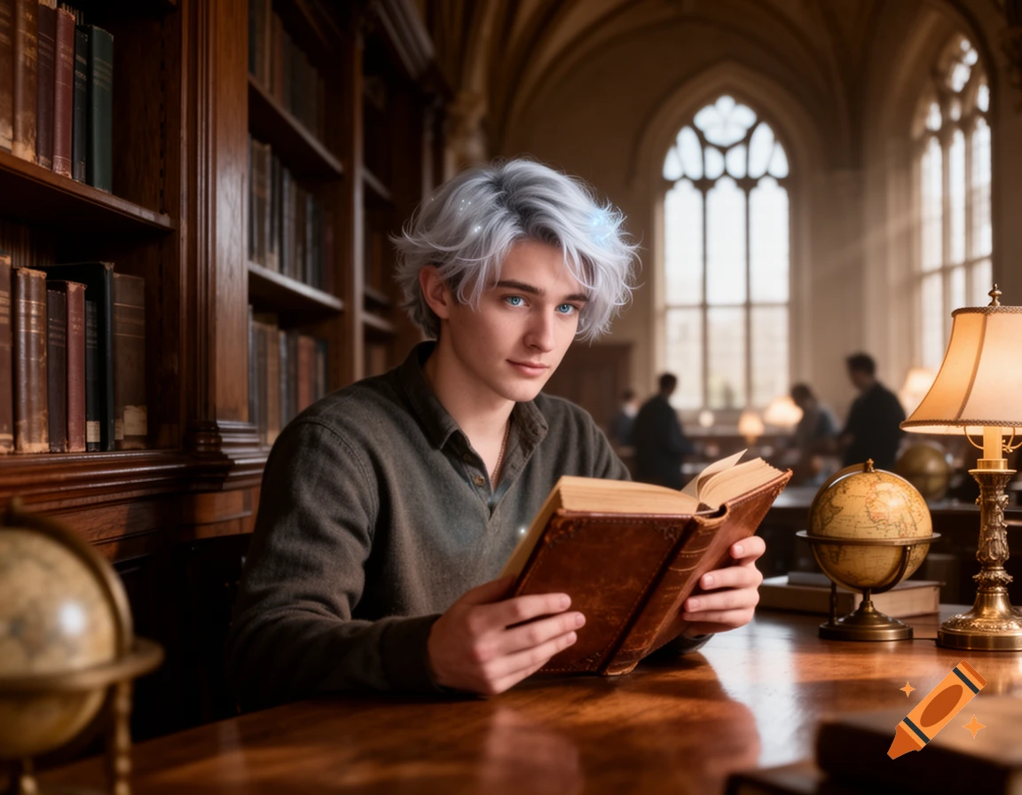 A handsome fae university student with silver hair and light blue eyes reads a book at a wooden desk in a grand library.
