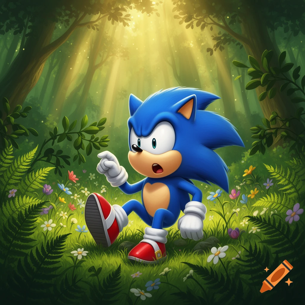 Cartoon Sonic the Hedgehog squatting in a sunlit forest with colorful flowers.